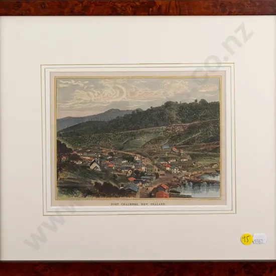 framed vintage hand coloured engraving  "Port Chalmers New Zealand"  H-140 W-190 (some creasing)