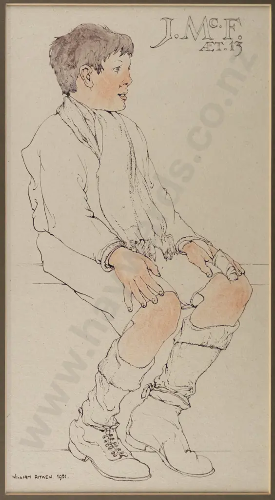 William Aitken 1951 - framed ink and watercolour - portrait H-370 W-205 Image 1++