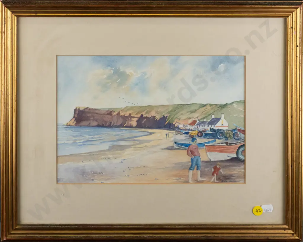 Gloria Salmon - framed watercolour  - beach scene H-180 W-270 Image 1++
