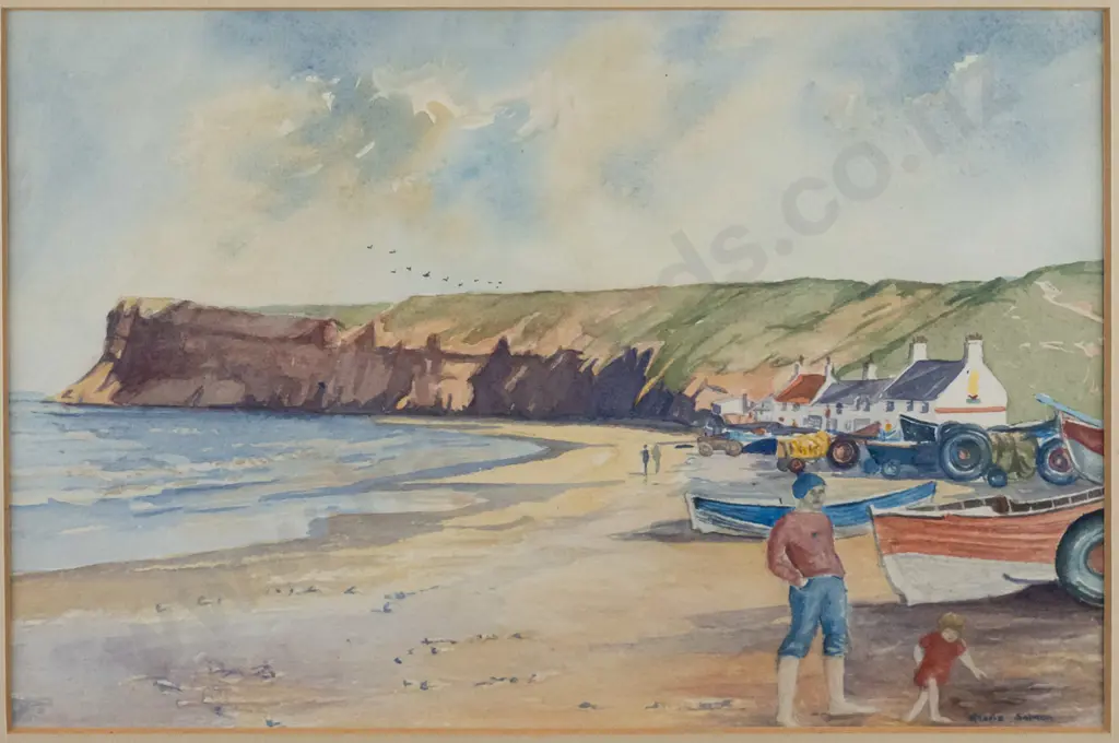 Gloria Salmon - framed watercolour  - beach scene H-180 W-270 Image 1++
