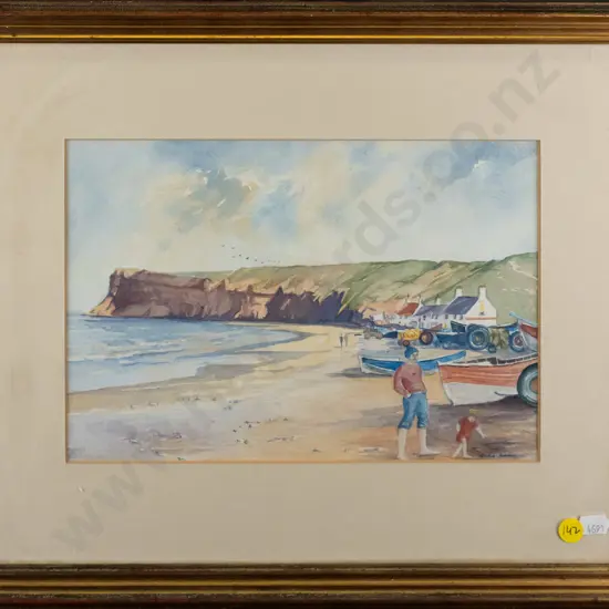 Gloria Salmon - framed watercolour  - beach scene H-180 W-270