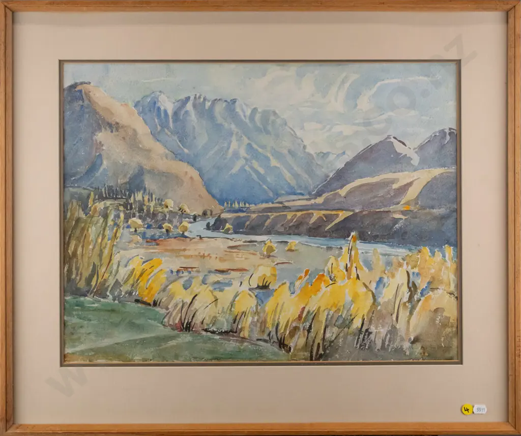 unsigned framed watercolour - mountain and river scene H-380 W-500 Image 1++