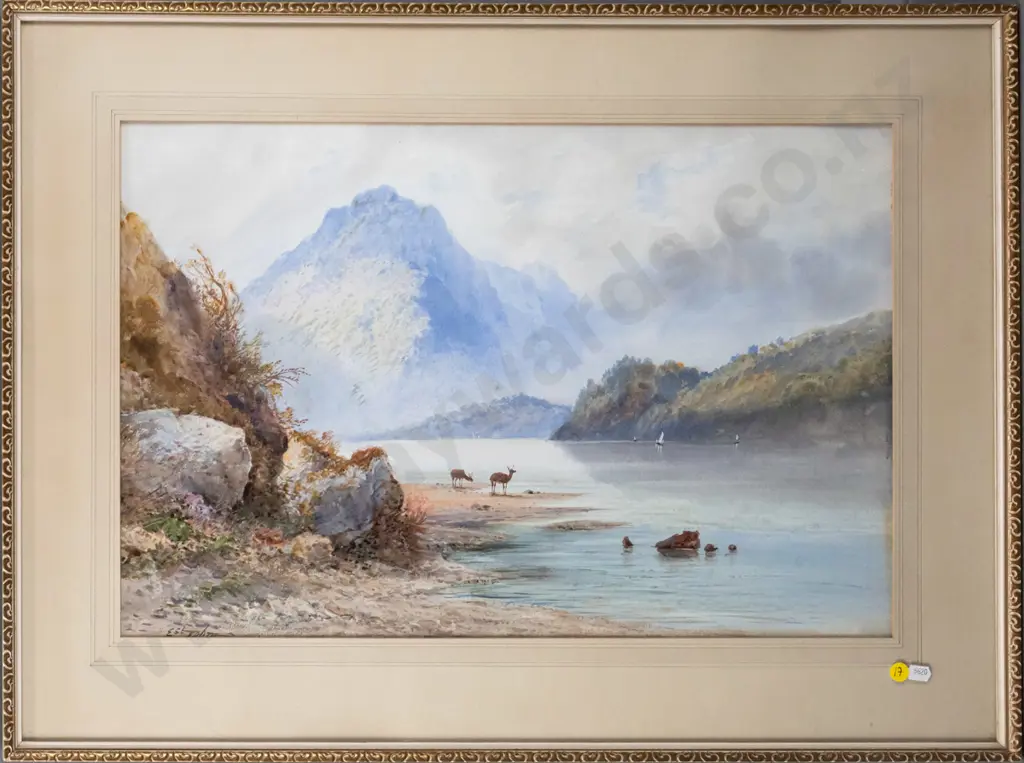 E Johnson - framed watercolour - lake and mountain scene (slight foxing) H-380 W-580 Image 1++