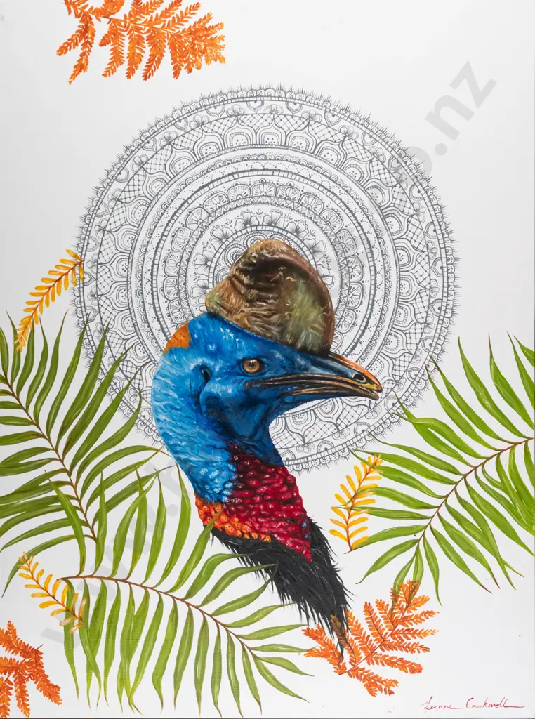 Leanne Cantwell 2015 - acrylic on board - Cassowary Mandala H-610 W-450 Image 1++