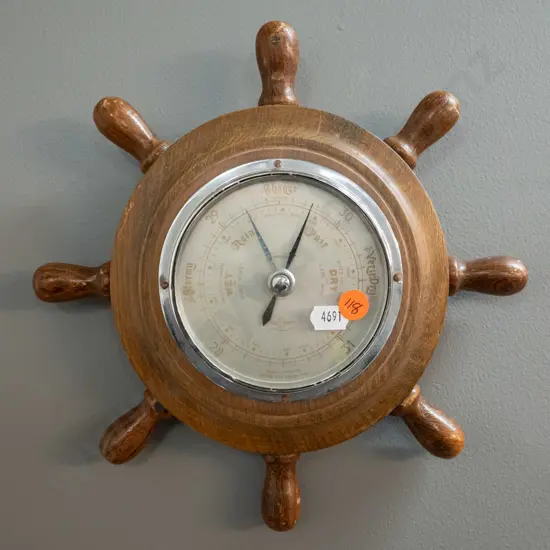 ship's wheel theme oak-cased wall barometer - made in England D-240
