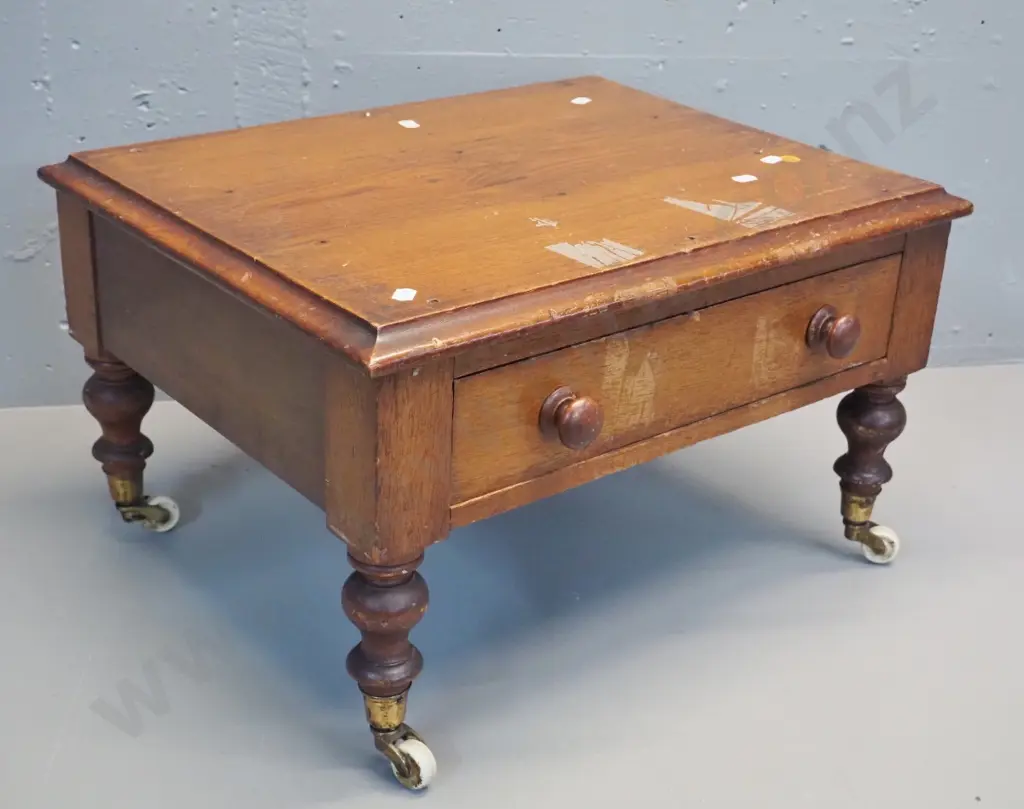 antique low timber single drawer cabinet on porcelain casters, has mounting holes on top - music cabinet base? Image 1++
