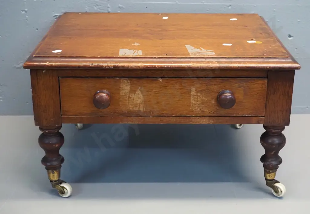 antique low timber single drawer cabinet on porcelain casters, has mounting holes on top - music cabinet base? Image 1++