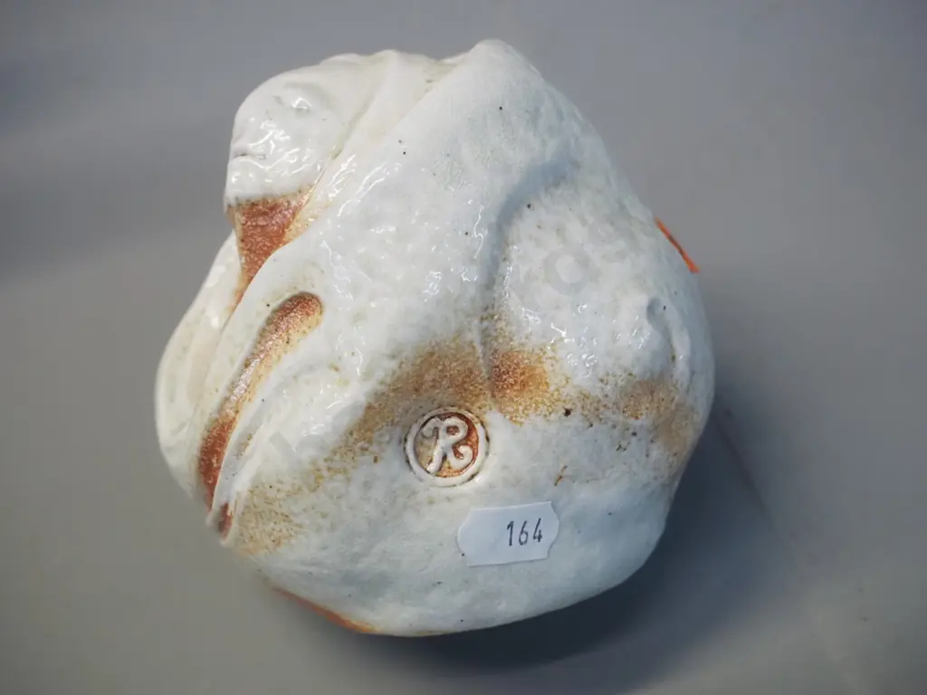 studio pottery ornament with face - potter's mark "R" and 3/100. H-110 D-110 Image 1++