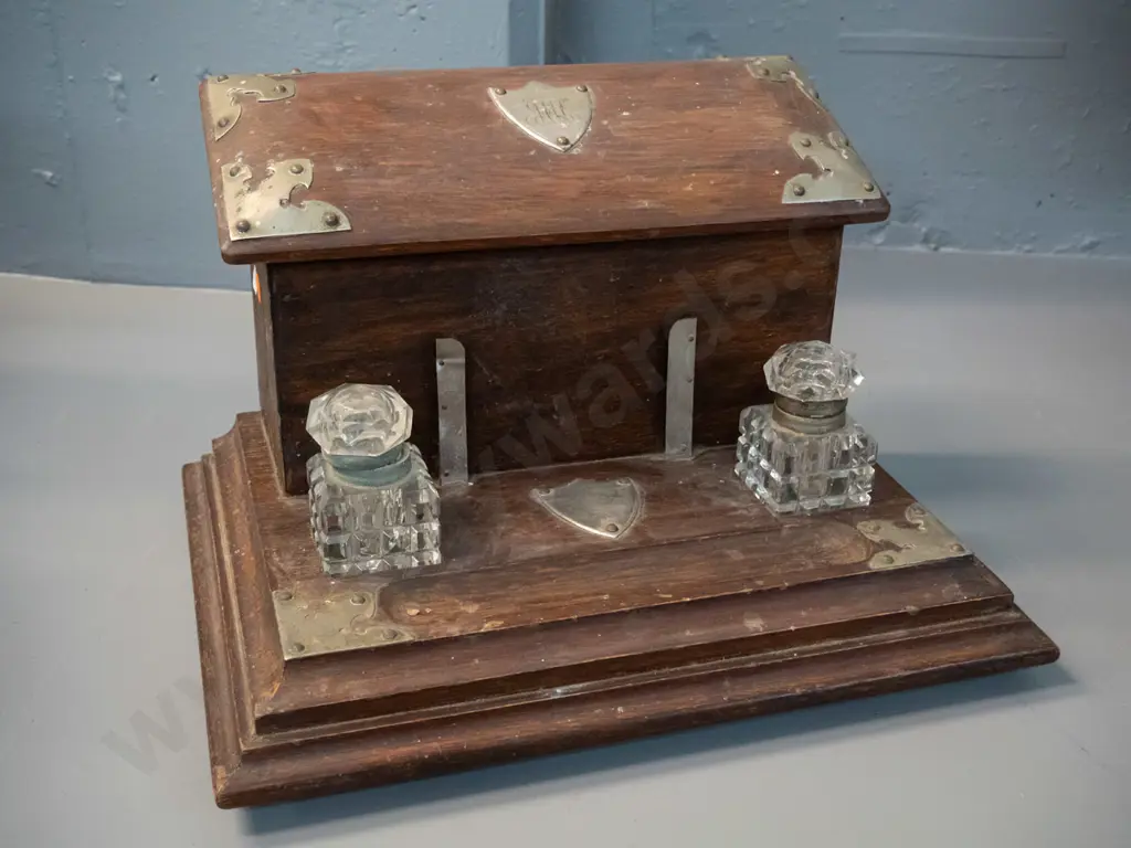 vintage desk organiser / ink stand with 2 bottles, lift-lid organiser, silver plated ornamentation and plaques. One Image 1++