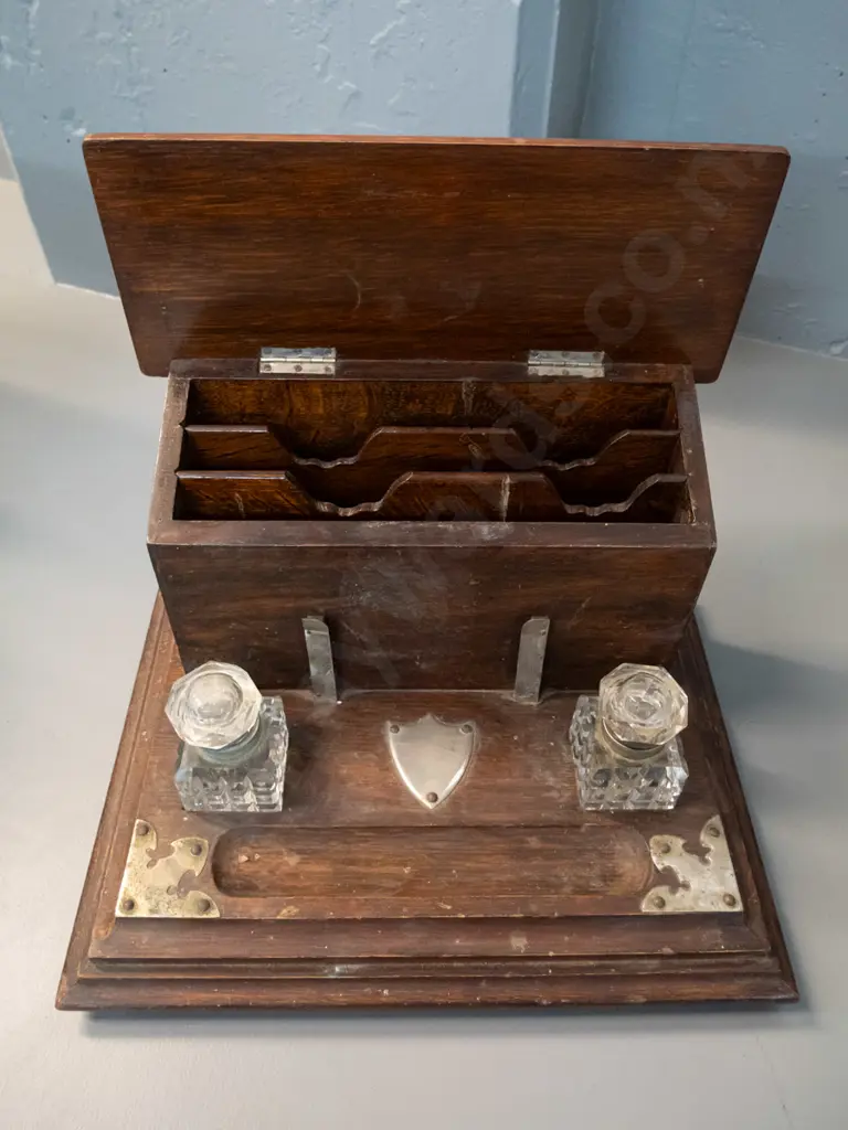 vintage desk organiser / ink stand with 2 bottles, lift-lid organiser, silver plated ornamentation and plaques. One Image 1++