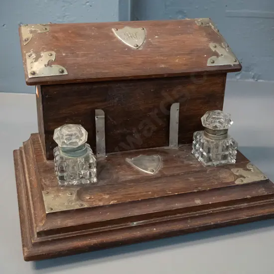 vintage desk organiser / ink stand with 2 bottles, lift-lid organiser, silver plated ornamentation and plaques. One