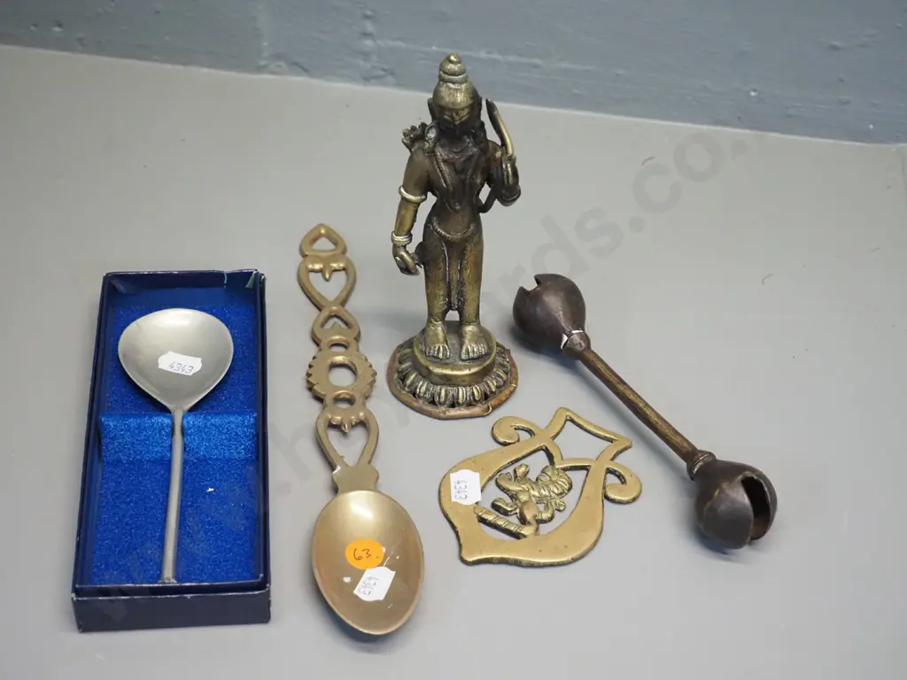 brass figural Indian figurine H150, baby's rattle, small pewter serving spoon, cast brass decorative spoon & horse brass Image 1++