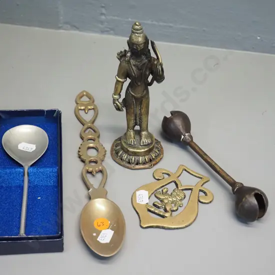 brass figural Indian figurine H150, baby's rattle, small pewter serving spoon, cast brass decorative spoon & horse brass