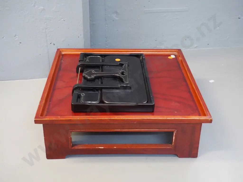 asian ebonised timber collapsible book stand with shell inlay decoration and square timber low table / stand Image 1++
