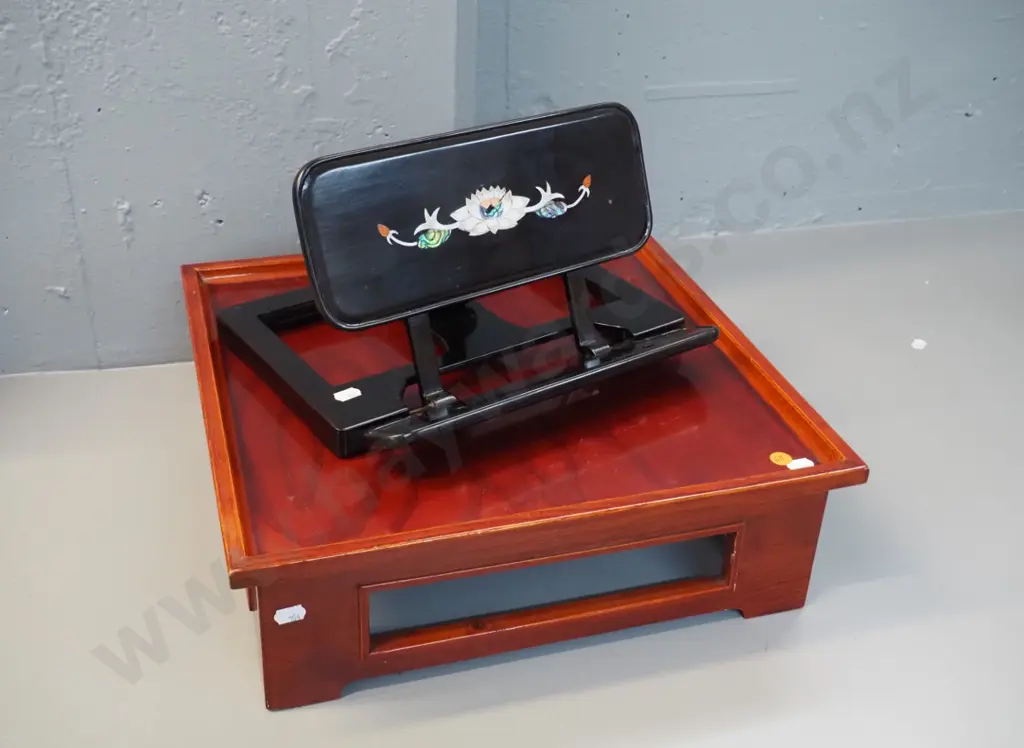 asian ebonised timber collapsible book stand with shell inlay decoration and square timber low table / stand Image 1++