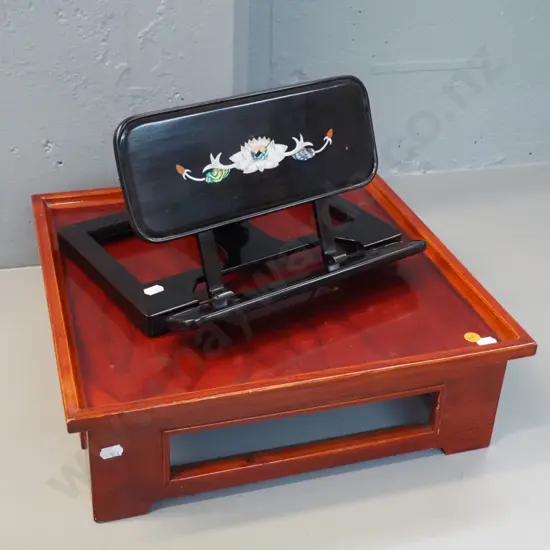 asian ebonised timber collapsible book stand with shell inlay decoration and square timber low table / stand