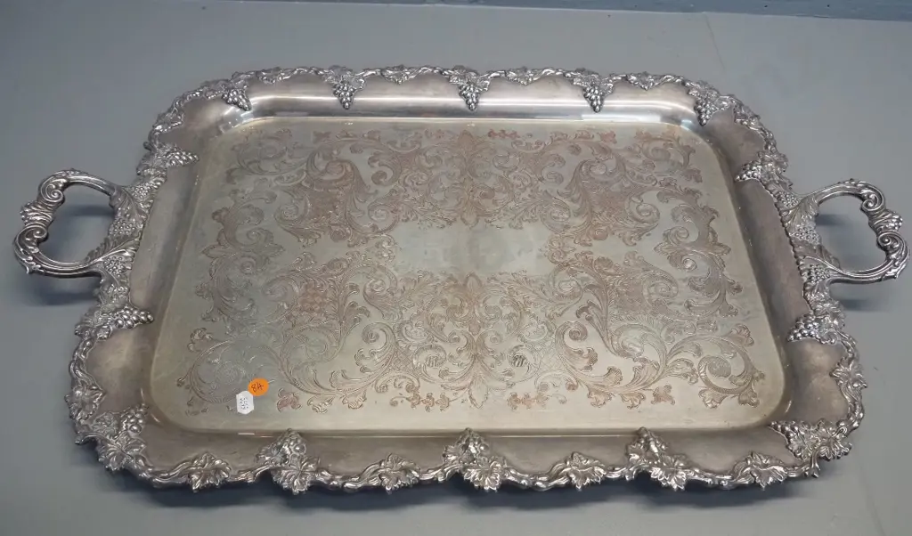 large plated tea tray with raised copper pattern, grape motif handles, marked Harrod's on bottom W-685 D-430 Image 1++