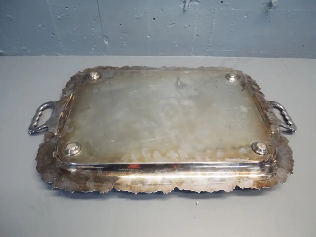 large plated tea tray with raised copper pattern, grape motif handles, marked Harrod's on bottom W-685 D-430 Image 1++
