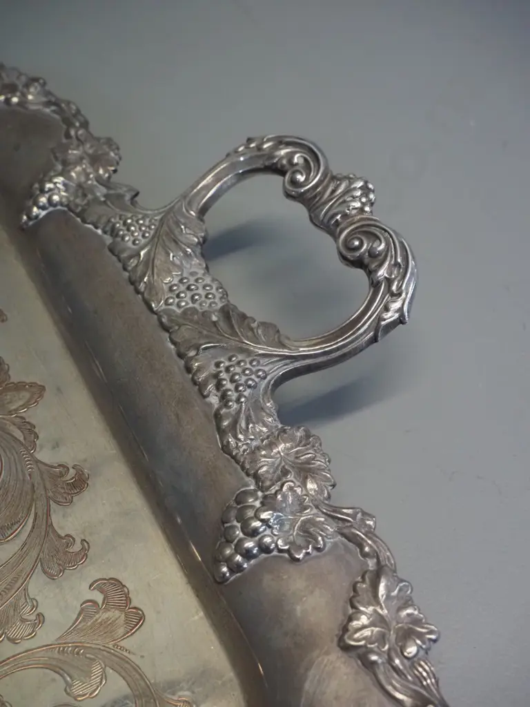 large plated tea tray with raised copper pattern, grape motif handles, marked Harrod's on bottom W-685 D-430 Image 1++