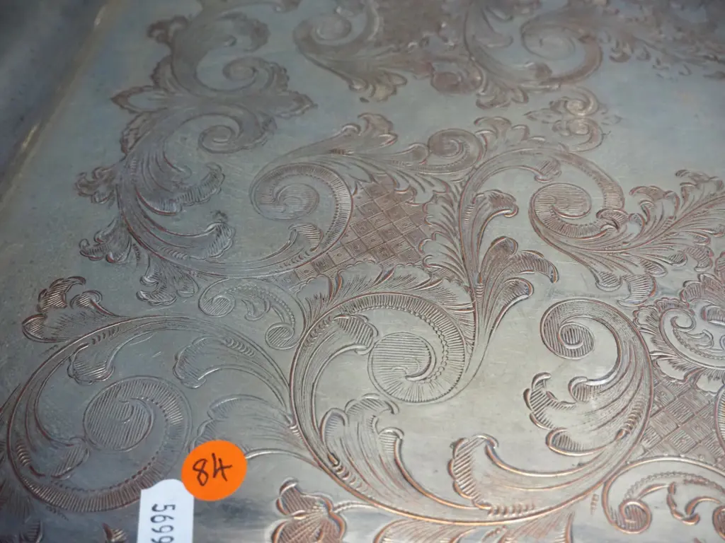 large plated tea tray with raised copper pattern, grape motif handles, marked Harrod's on bottom W-685 D-430 Image 1++
