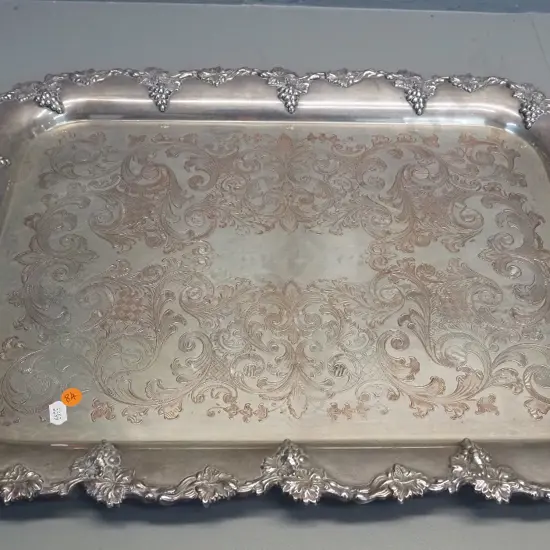 large plated tea tray with raised copper pattern, grape motif handles, marked Harrod's on bottom W-685 D-430