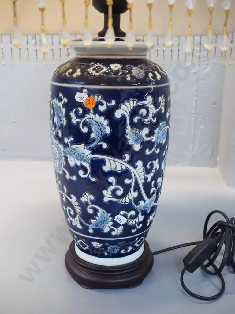 blue & white relief design ceramic lamp on composite base with fabric beaded shade H-720 Image 1++