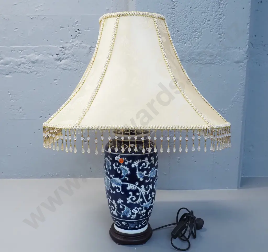 blue & white relief design ceramic lamp on composite base with fabric beaded shade H-720 Image 1++
