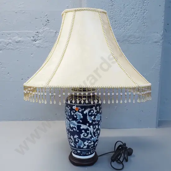 blue & white relief design ceramic lamp on composite base with fabric beaded shade H-720