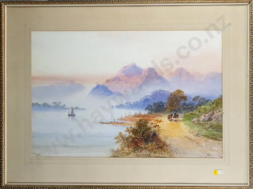 E Johnson - framed watercolour - lake and mountain scene (slight marking) H-380 W-580 Image 1++