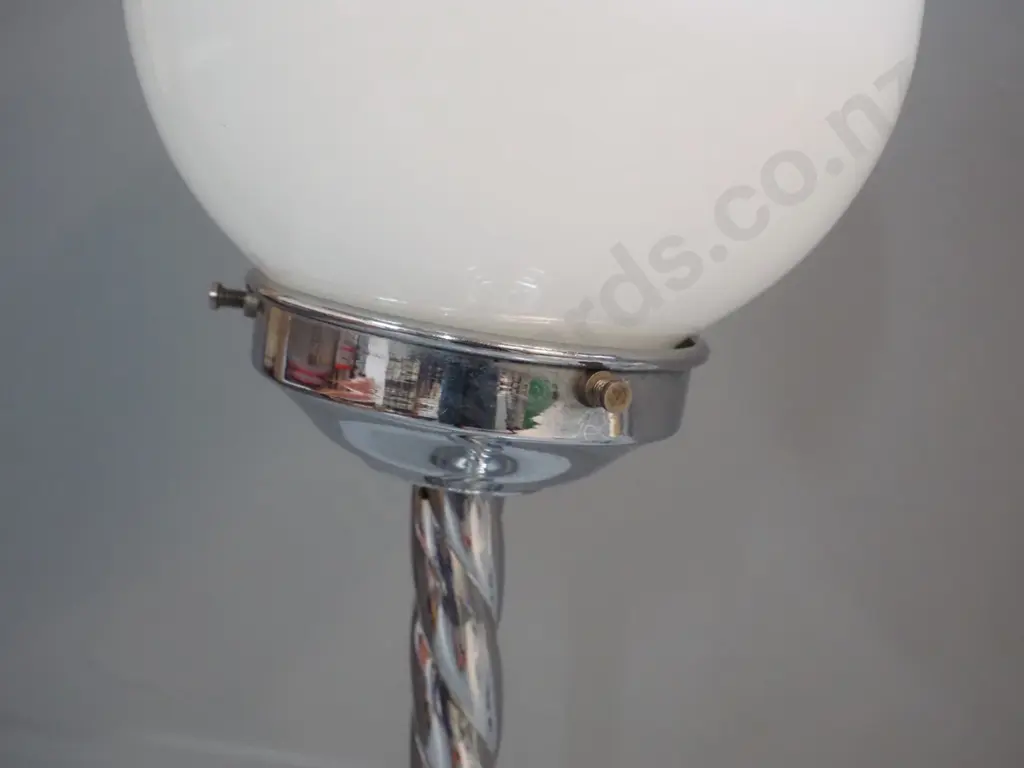 deco chrome table lamp with twist pattern stem and glass globe shade - some pitting H-460 D-190 at base Image 1++