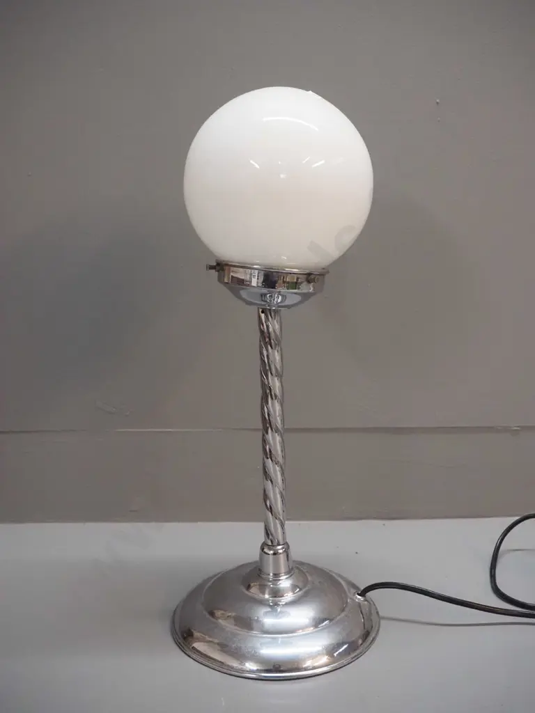 deco chrome table lamp with twist pattern stem and glass globe shade - some pitting H-460 D-190 at base Image 1++