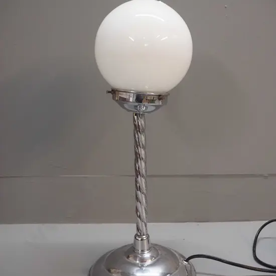 deco chrome table lamp with twist pattern stem and glass globe shade - some pitting H-460 D-190 at base