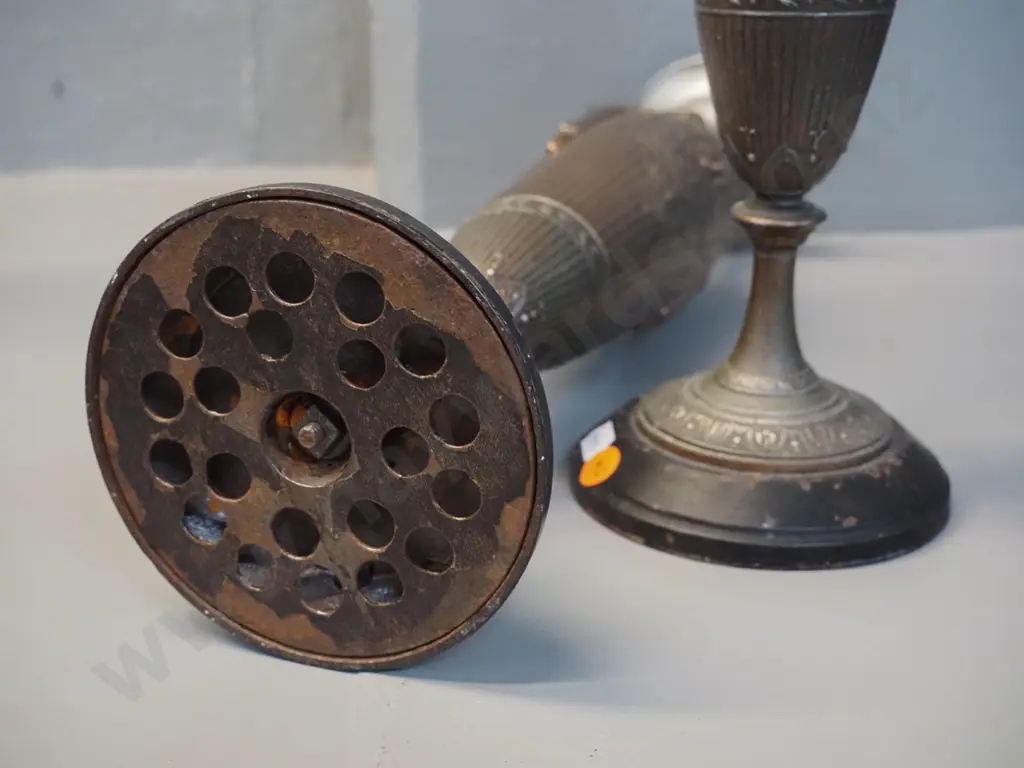 pair of classical style cast metal stands or candle holders with painted steel bases - slightly loose stem near base on Image 1++