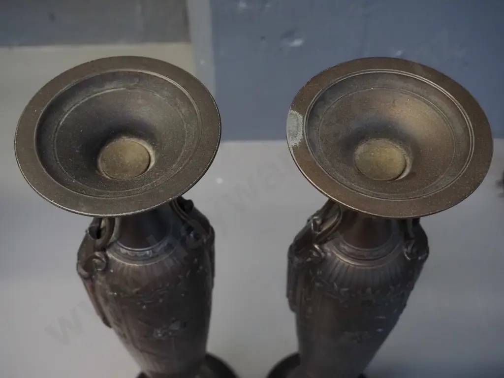 pair of classical style cast metal stands or candle holders with painted steel bases - slightly loose stem near base on Image 1++