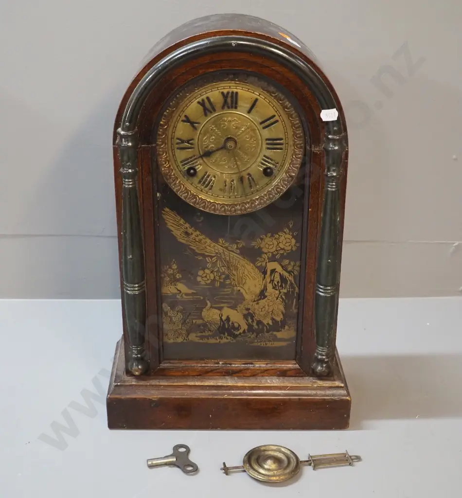vintage arch-shaped timber-cased mantel clock with gilt patterned glass - some finish loss on face. With key & pendulum, Image 1++