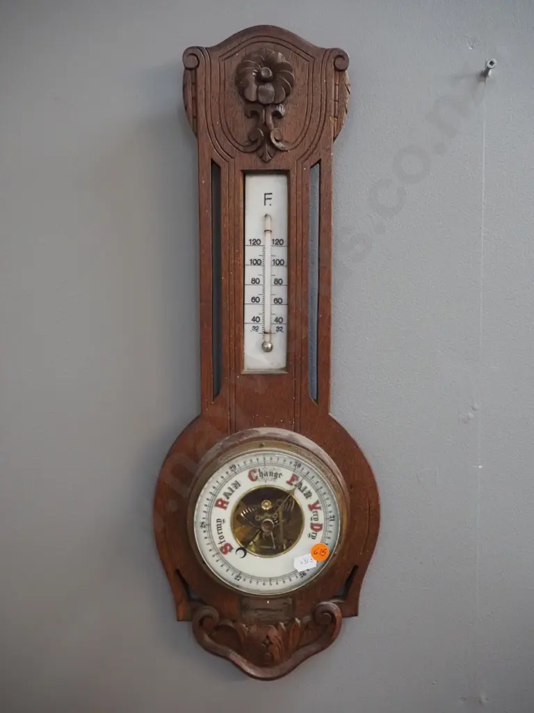 vintage oak-cased wall barometer-thermometer - presentation plaque from Green Island Band to D. Miller 1933. H-500 Image 1++