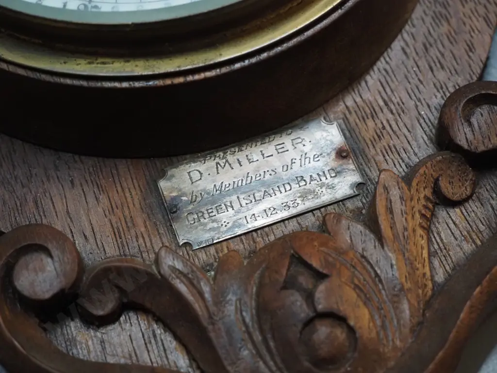 vintage oak-cased wall barometer-thermometer - presentation plaque from Green Island Band to D. Miller 1933. H-500 Image 1++