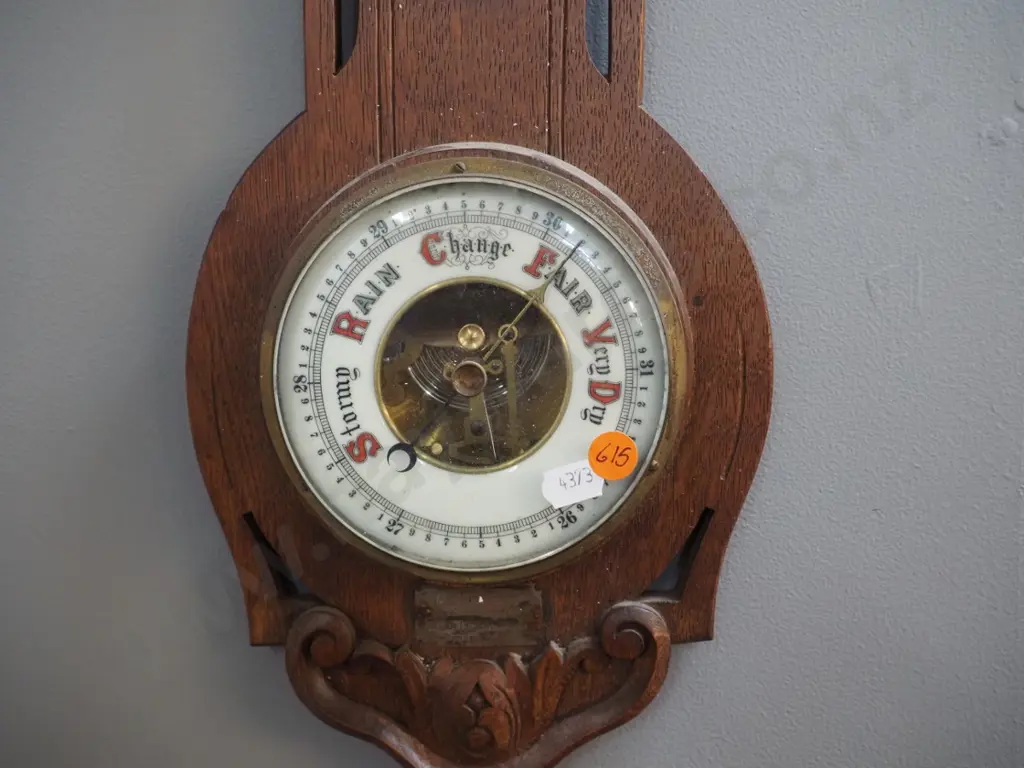 vintage oak-cased wall barometer-thermometer - presentation plaque from Green Island Band to D. Miller 1933. H-500 Image 1++