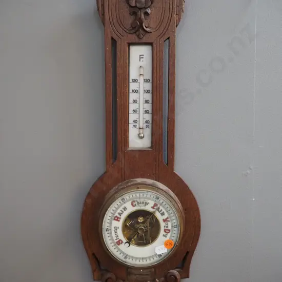 vintage oak-cased wall barometer-thermometer - presentation plaque from Green Island Band to D. Miller 1933. H-500