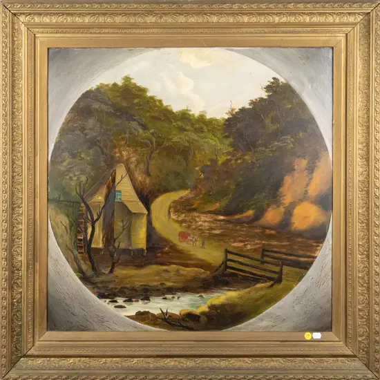framed oil - country scene H-580 W-580 (slight aging)
