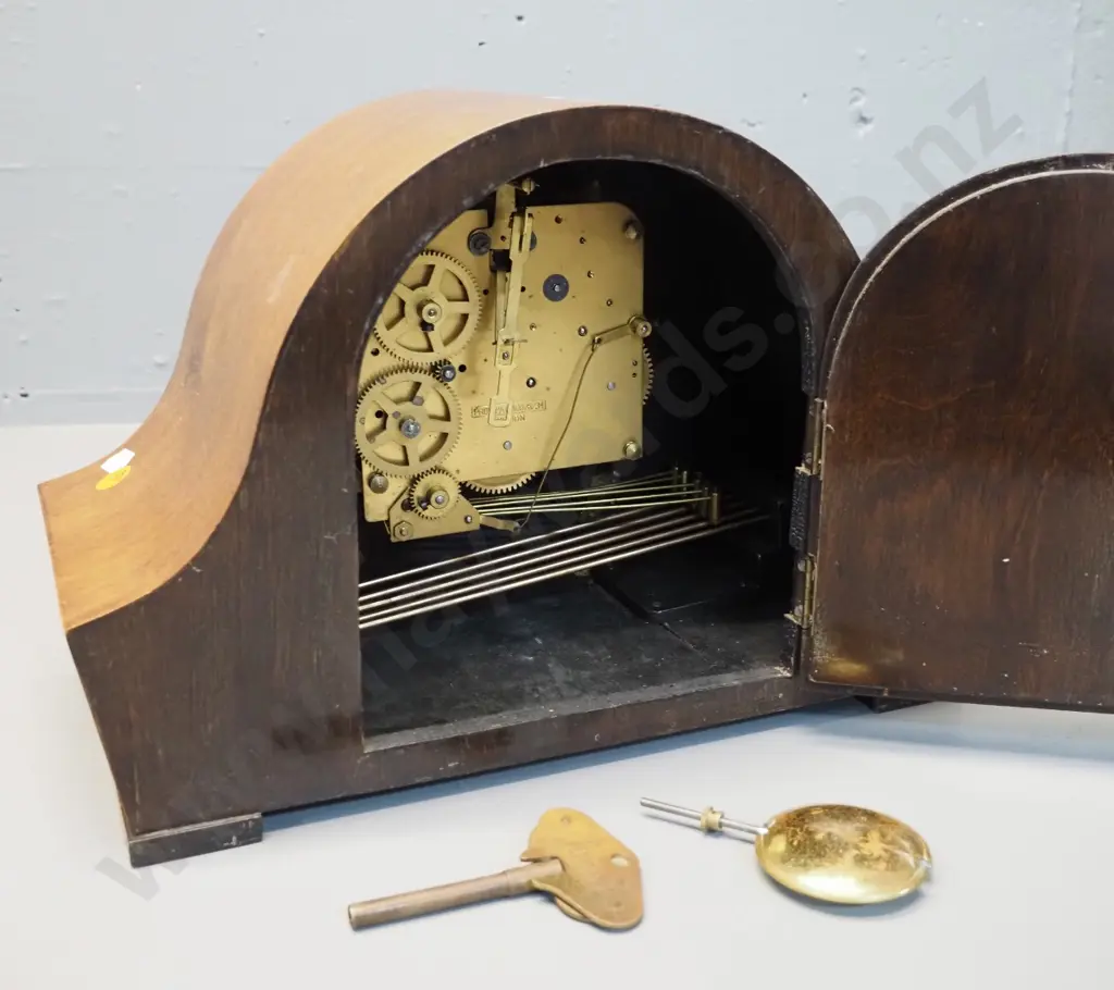 vintage chiming mantel clock in mahogany case with inlaid decoration, marked Foreign - with key and pendulum H-230 W-330 Image 1++