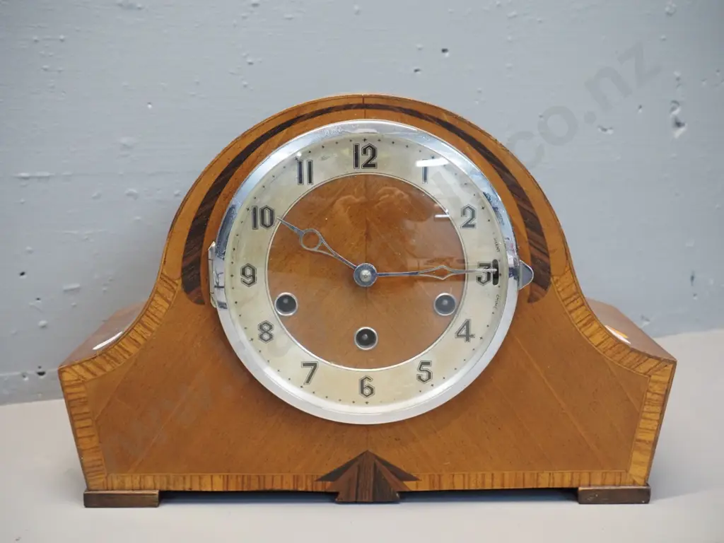 vintage chiming mantel clock in mahogany case with inlaid decoration, marked Foreign - with key and pendulum H-230 W-330 Image 1++
