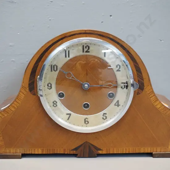 vintage chiming mantel clock in mahogany case with inlaid decoration, marked Foreign - with key and pendulum H-230 W-330
