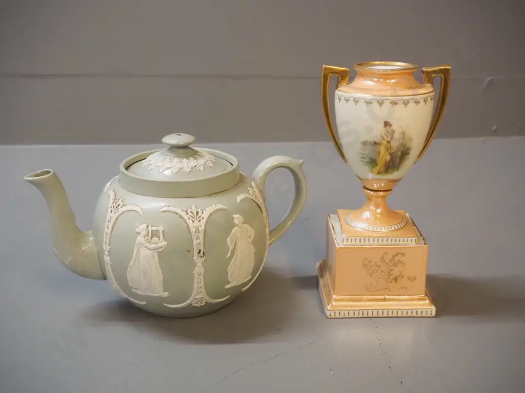 Dudson relief motif teapot and German (Dresden?) urn vase H-185 Image 1++