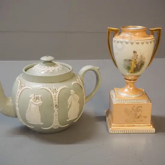 Dudson relief motif teapot and German (Dresden?) urn vase H-185