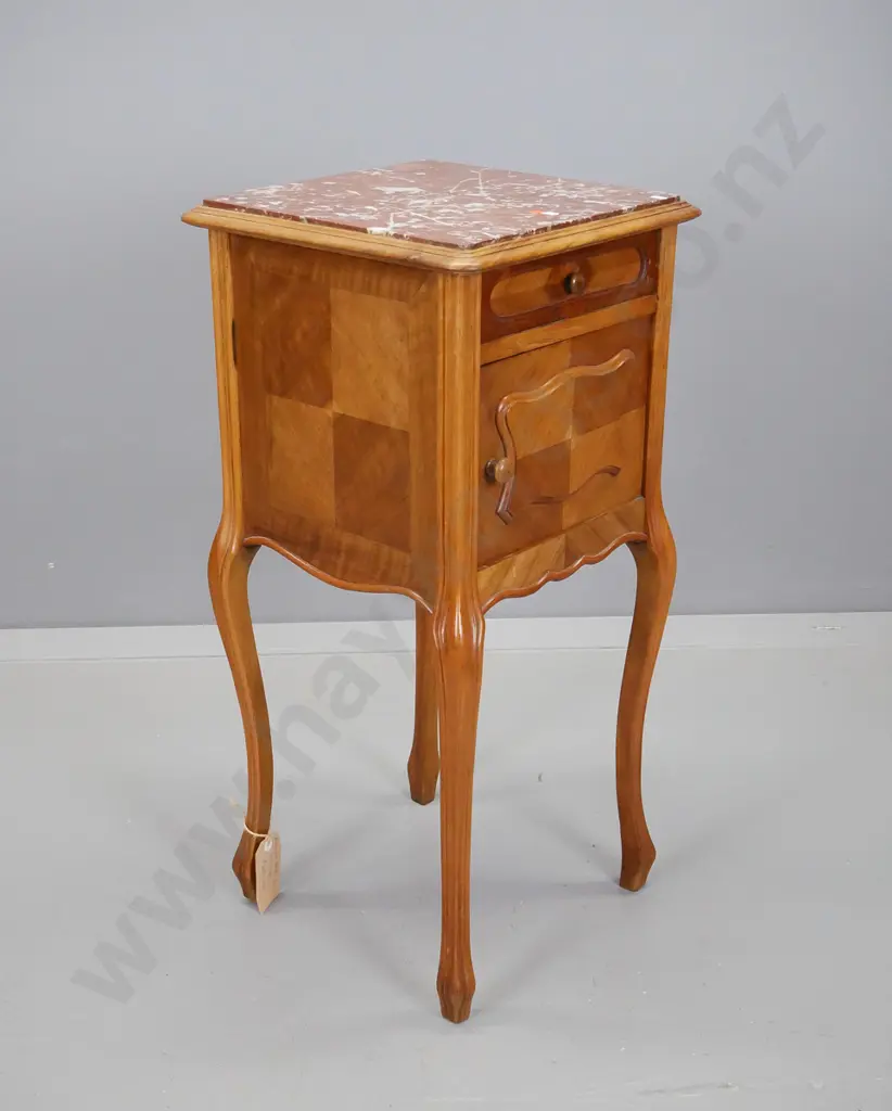 French walnut bedside cabinet, plaque inside top drawer above cupboard door, marble lined cupboard Image 1++