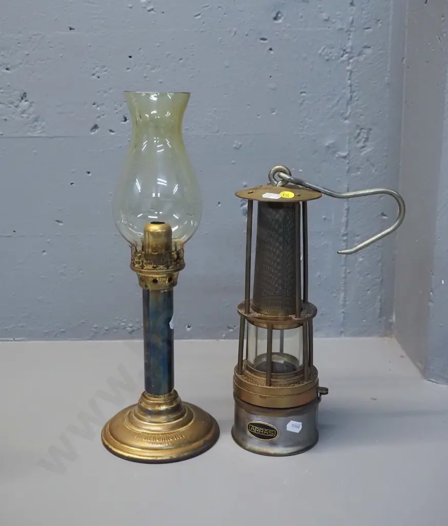 Bruckenkeller Windlight brass candle holder with amber glass shade H365 and an Arras miner's style safety lantern Image 1++