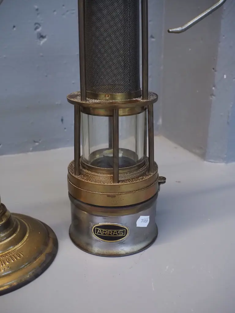 Bruckenkeller Windlight brass candle holder with amber glass shade H365 and an Arras miner's style safety lantern Image 1++