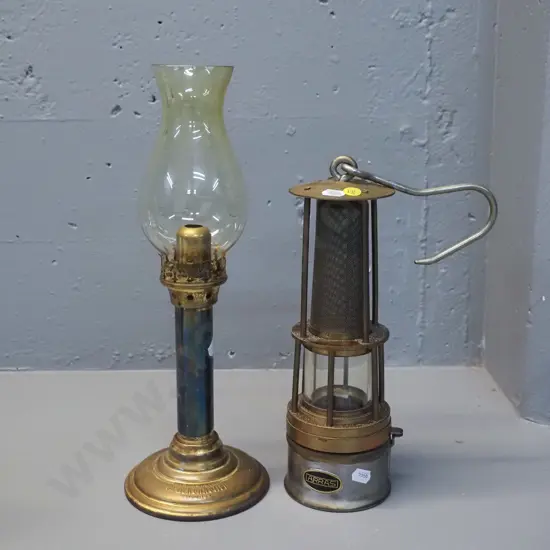 Bruckenkeller Windlight brass candle holder with amber glass shade H365 and an Arras miner's style safety lantern
