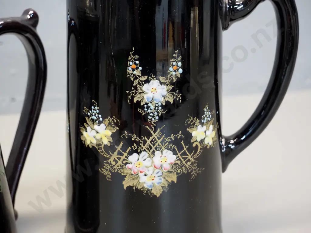 2 English hand-painted floral motif jugs with pewter lids - taller is H-200 Image 1++